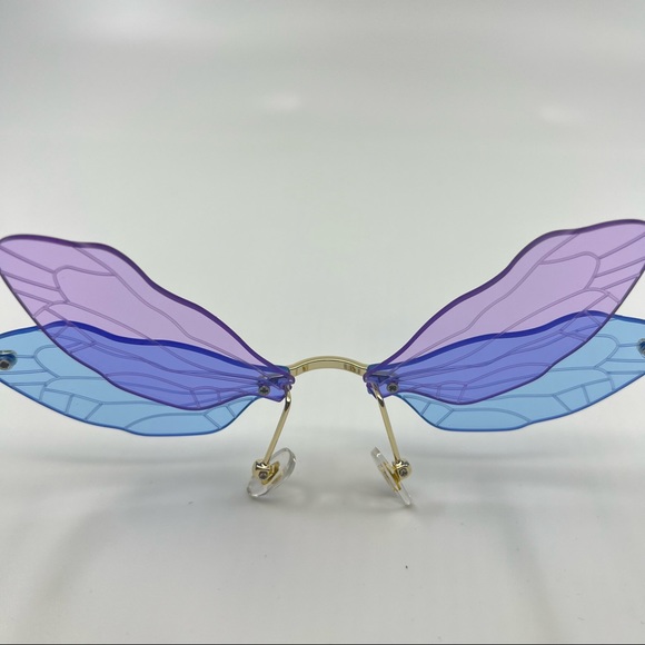 Blue Purple Butterfly Etched Wings Rimless Y2K Pastel Lenses Colored Glasses - Picture 9 of 15